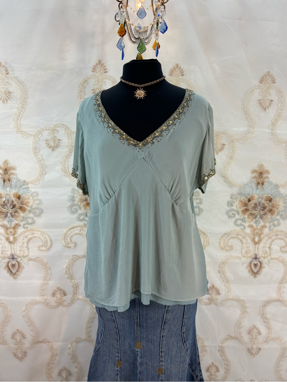 ✨Vintage Y2K Bohemian Silk Seafoam Beaded Fairy Blouse✨ - Picture 6 of 7